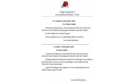 Regroupements de Noël 15 et 16 décembre